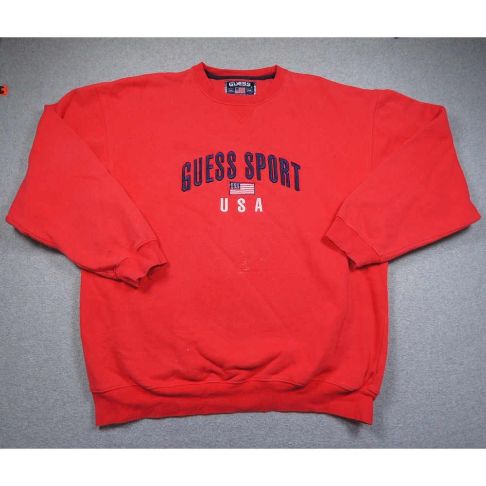 Vintage Guess Sweatshirt Mens XL Red Crewneck Pullover USA Flag 90s Y2K Adult